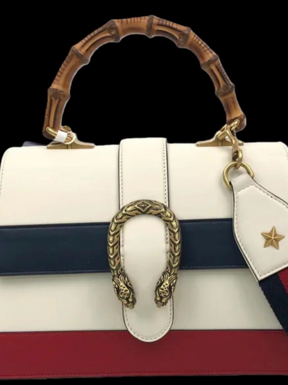 Gucci White Leather Satchel with Navy & Red Stripe and Bamboo Handle